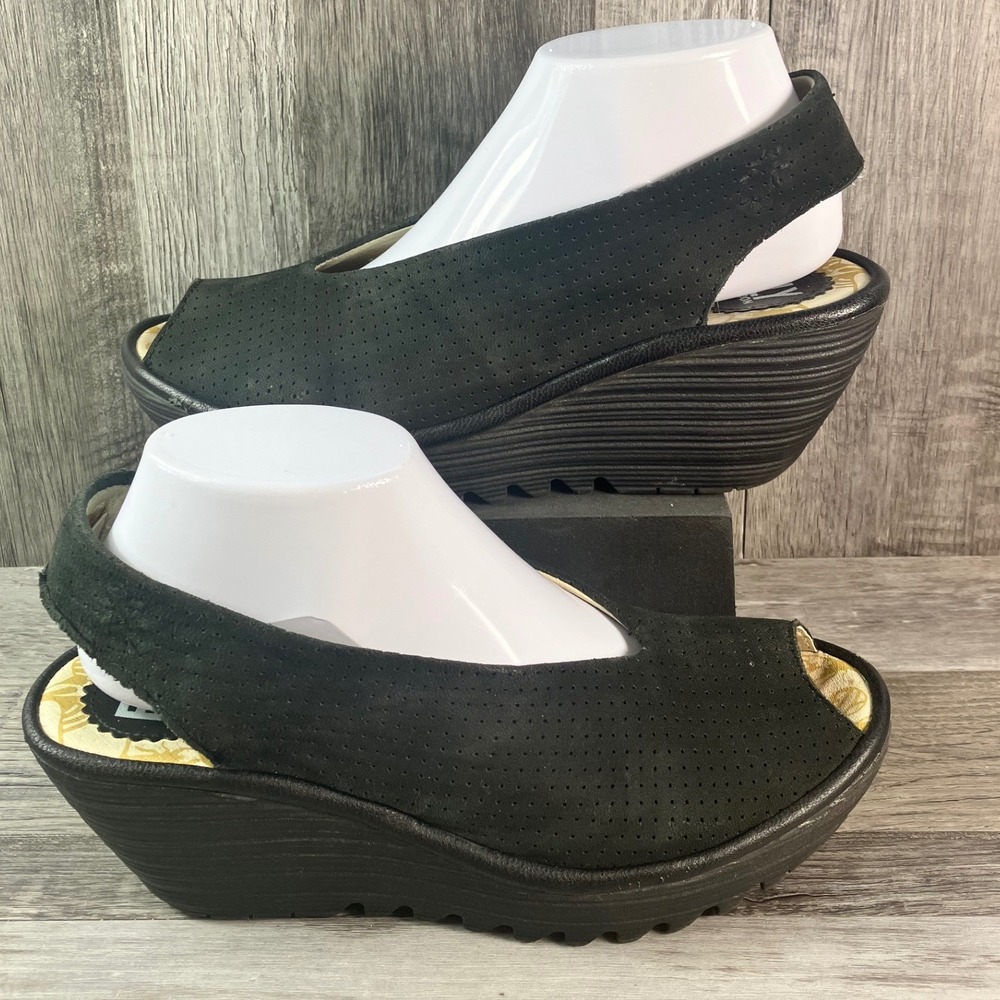 Fly London Black Perforated Suede Wedge Sandals P500736016 EU 40 US 9-9.5